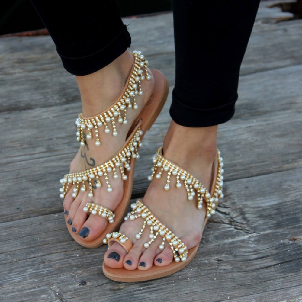 Boho Bridal Flat Sandals w/ Faux Pearls & Crystals